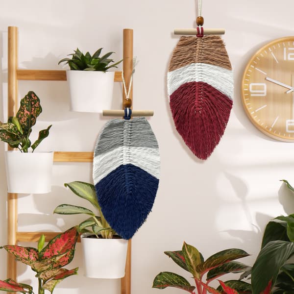 2 st Boho blad väggdekoration, Chic fjäderblad väggkonstdekoration bomull handvävd sovrum vardagsrum lägenhet dekoration (Stil 2)