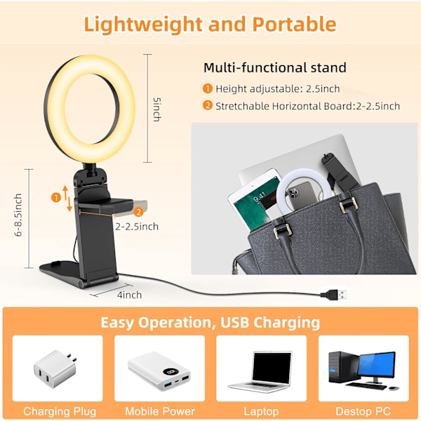 5\" Desktop Ring Light med stativ, LED Ring Light til bærbar skærm, videokonferencebelysning, Zoom mødebelysning til videoopkald, selfie, makeup
