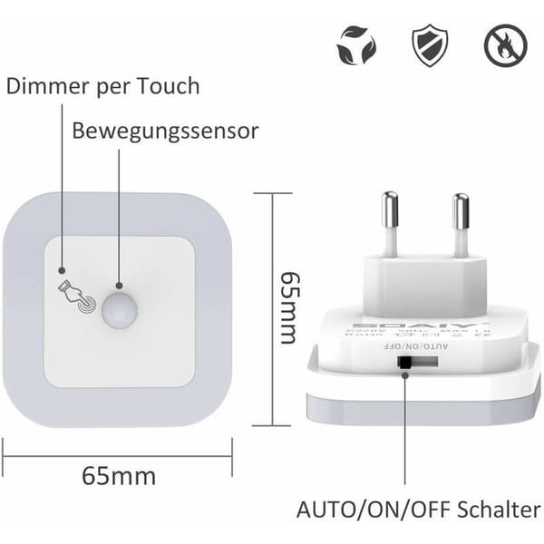 Dæmpbar LED-natlampe med bevægelsessensor sæt med 2 natlamper stikkontakt lysstyrke