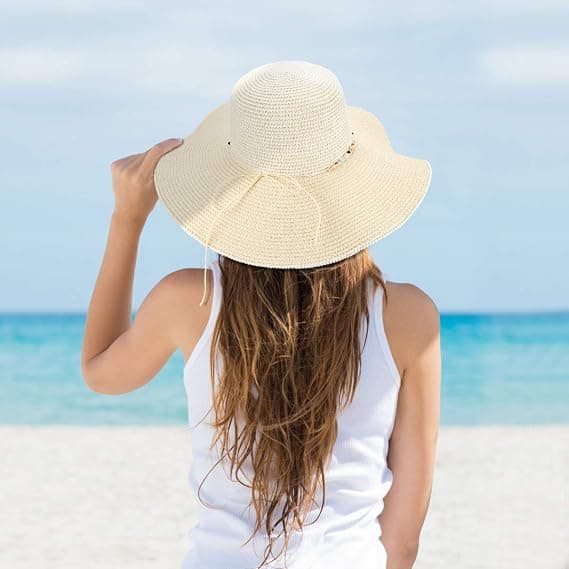Dame halmhat, sommer solhat sammenfoldelig anti-UV strandhat med bred skygge og justerbar hagerem til rejser