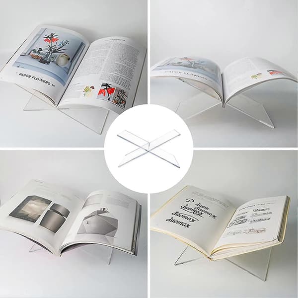 Acrylic Book Stand with Open X-Shaped Structure for Hands-Free Reading in Kitchen, Study, or Office, Clear 19 x 11 x 9.5 cm