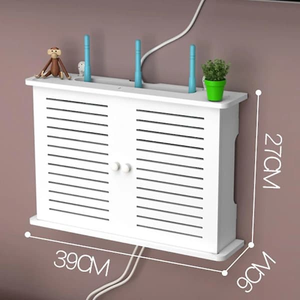 Wireless WiFi Router Storage Boxes Wooden Box Cable Power Plus Cord Organizer Wall Mounted Plug White
