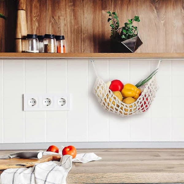 2 Pieces Macrame Fruit Hammock for Kitchen Under Cabinet Hanging Fruit Baskets Hand-Woven Decorative Fruit Net Bags