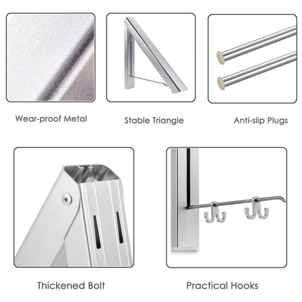Adjustable Clothes Rack - Wall Mounted Foldable Clothes Hanger Drying Rack for Laundry Room Storage Organization, Aluminum, 2 Bars with Rod