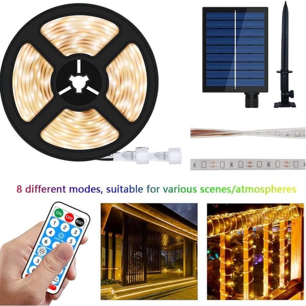 Outdoor Solar LED Strip, 5m 280 LED Lights IP67 Waterproof LED Strip, Warm White LED Lights with Remote Control, 8 Lighting Modes 2835 SMD String Light f