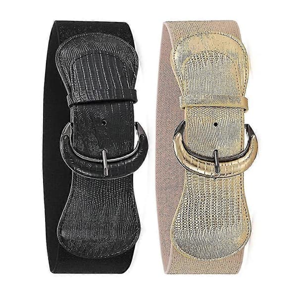 2 stk. kvinders strækbare brede taljebælte til kjole, dame elastisk bælte med krogspænde