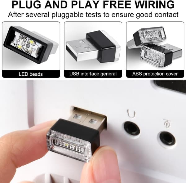 USB-bilbelysning, 5-pak hvide LED-stemningslys til bil