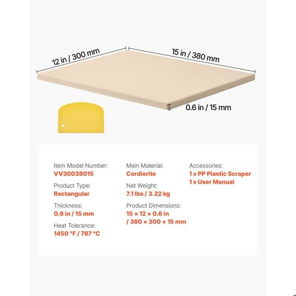 Rectangular Cordierite Pizza Stone 38 x 30 cm-Duoku-with PP Scraper-Heat Resistant-1.5 cm Thickness