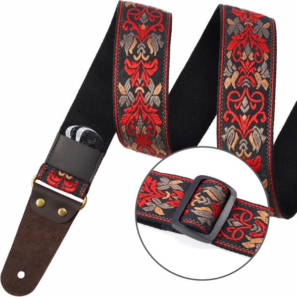 Röd - Broderad gitarrrem, läderrem med osynlig ficka, för bas, elgitarr och akustisk gitarr