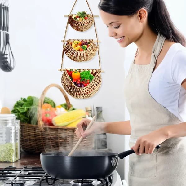 3-Layer Wall Hanging Fruit Basket Stylish Detachable Mesh Storage Bag for Kitchen White White