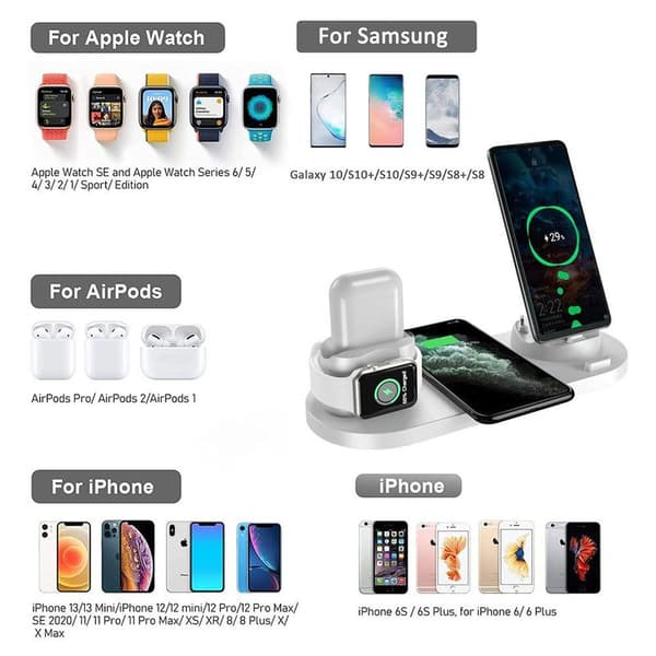 Wireless Charger, 6 in 1 Inductive Charging Station with 10W White