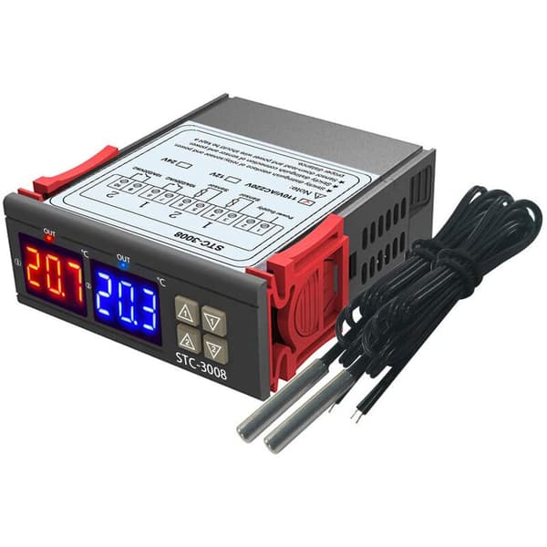 Dual Digital Display Thermostat Temperature Controller with Dual NTC Probe Relay Output, DC 24V - DC 24V