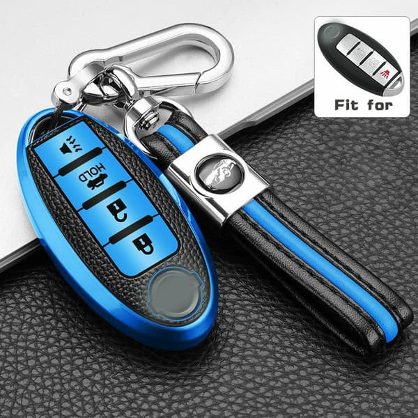 Leather Case with Keychain for 4-Button Remote Key for Infiniti Nissan Blue
