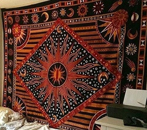 Sol Måne Hippie Mandala Brennende Sol Psykedelisk Gobelin Oransje