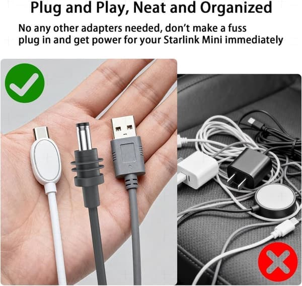 Portable Power Supply for Starlink Mini – 12V Car Adapter with Long Cable – Charges Both Device and Terminal Simultaneously