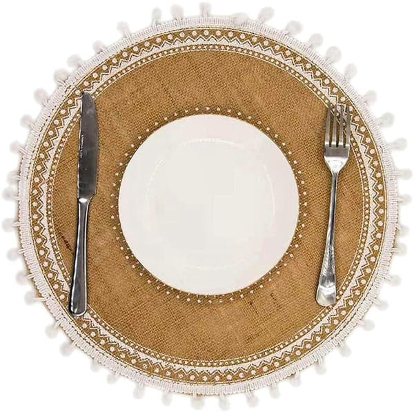 Set of 4 Round Placemats, Boho Woven Table Mats with Tassel for Dining Room Kitchen Table Decoration (White Ball)