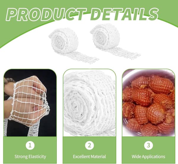 2 Meat Net Rolls - 3m Elastic Roasting Net, Sausage Net, Kitchen Twine - for Cooking, Smoking, Hanging Meat - White