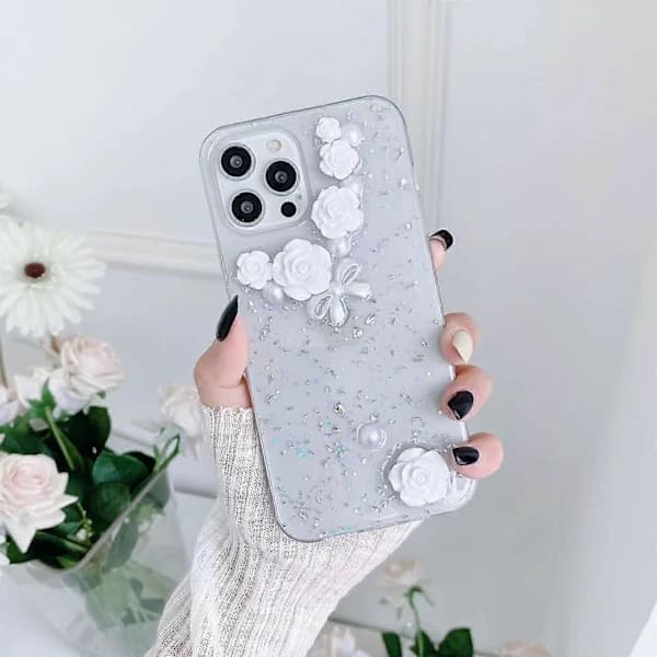 iPhone 11 3D Perlerosett Rose Glitter Epoxy TPU Telefondeksel