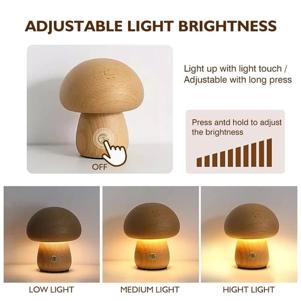 Beech Wood Table Lamp with Adjustable Brightness and Mushroom Design