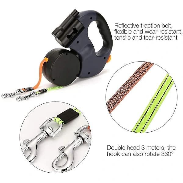 Betterlif Double Retractable Dog Leash, 3m Double Leash for Two Dogs Smooth Double Dog Leash with Non-Slip Handle, for Small and Medium D