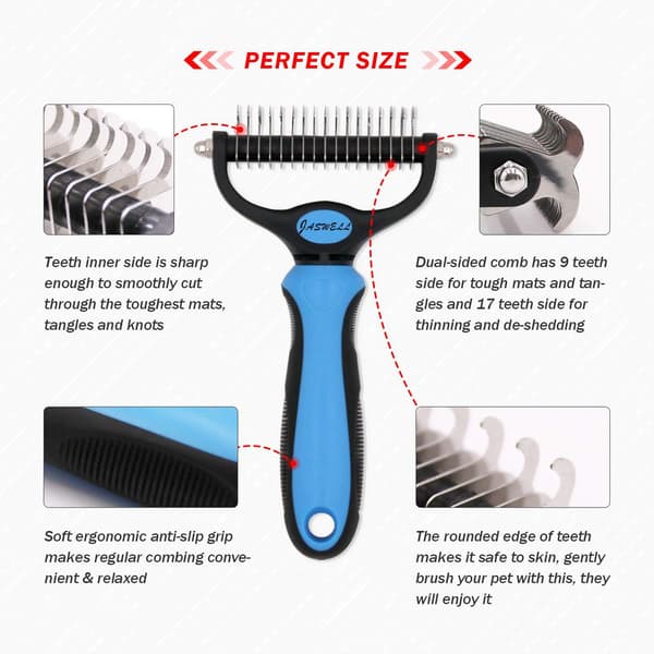 Pet Grooming Tool Blue - 2-Sided Undercoat Rake for Dogs & Cats - Safe