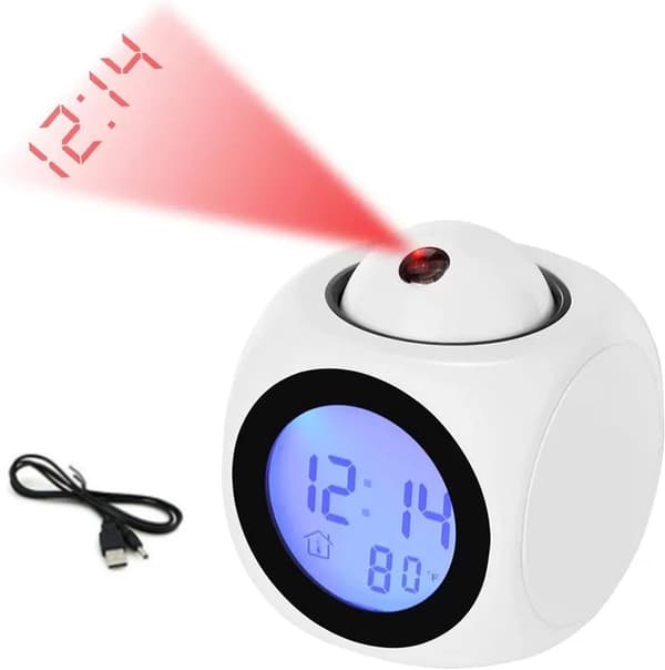 Digital Projection Alarm Clock with Ceiling Display, Voice Announcements, Temperature Display, Battery Operated, White