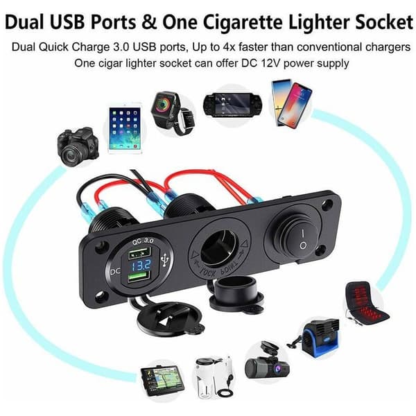 12V - 24V Dual QC3.0 Cigarette Lighter Splitter with LED Display, Voltmeter, USB Plug, Waterproof Switch - for Car, Boat, Motorcycle, Truck.