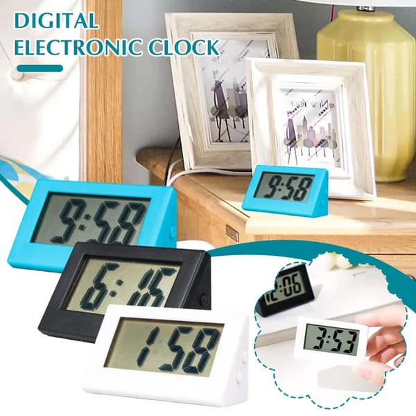 Small Digital Alarm Clock Silent Non-Ticking LCD Desk Clock with Battery Backup for Bedroom Office Black