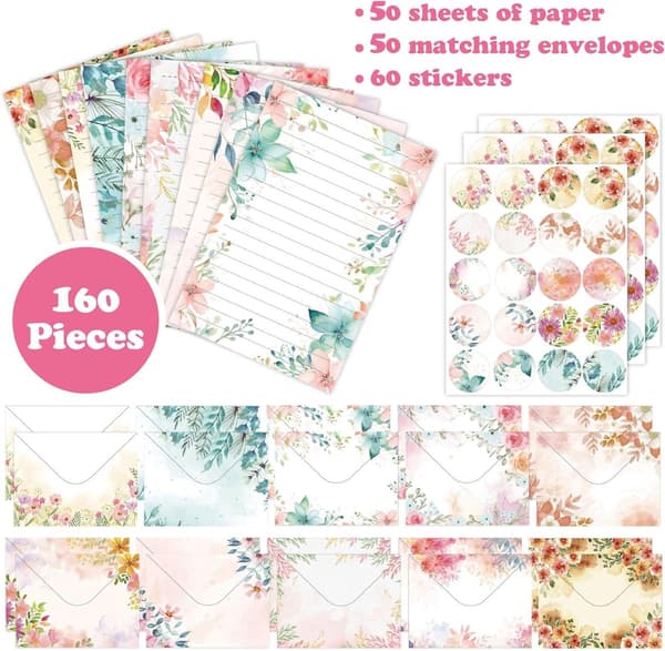 Stationery Set 160 Sheets 10 Designs 50 Writing Papers 50 Envelopes 60 Dotted Stickers 14x21 cm Floral Pattern