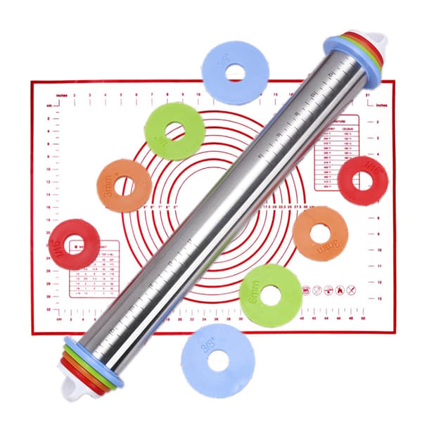 Non-Stick Rolling Pin, Stainless Steel Rolling Pin with Adjustable Discs and Measurement Markings Silicone Baking Mat