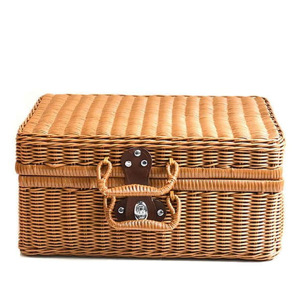 Wicker Look Storage Chest Small Wicker Storage Basket Smooth Leather Lock Cosmetics Home Storage