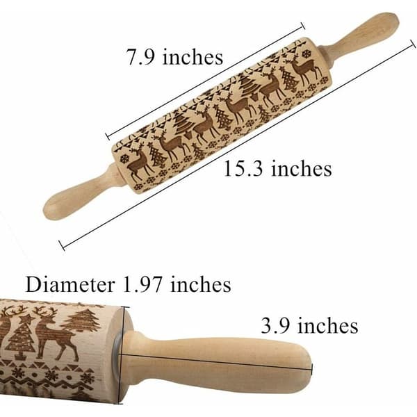 Christmas Patterned Wooden Rolling Pin, Rolling Pin, Kitchen Utensil, Baking Accessory, Eye-catcher, Stable and Durable, Christmas Theme, 38 cm x 5 cm