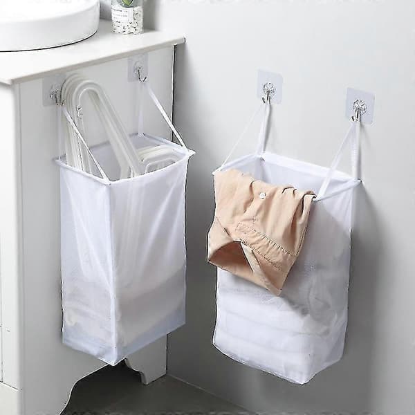 Mesh Laundry Basket Wall Mounted Self-Adhesive Storage Laundry Bag Foldable