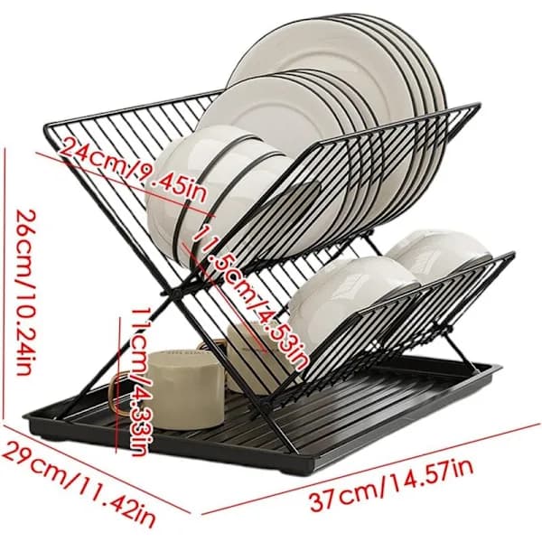 Foldable Dish Drying Rack with Removable Tray, 2 Tiers for Kitchen Counter
