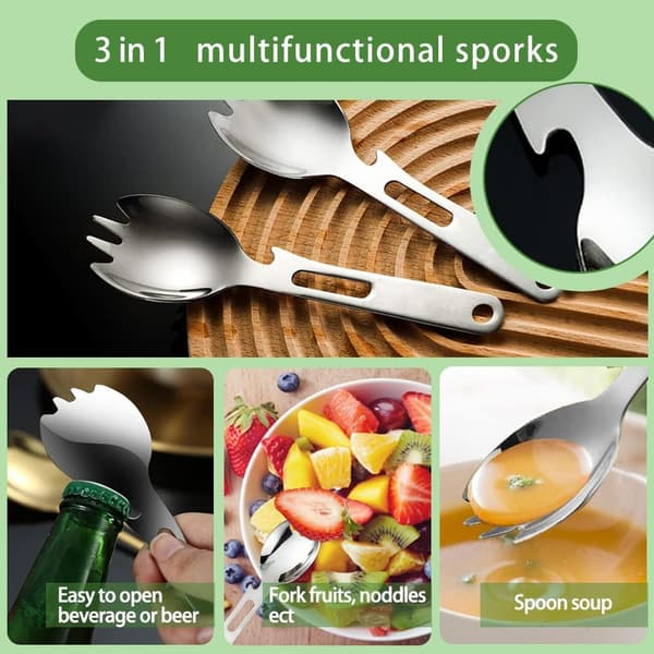 Spork 3 i 1 Ske Gaffel, Ske Gaffel Ølflaskeåbner, Rustfrit