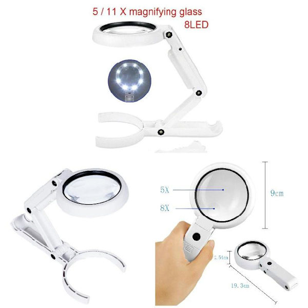 5/11X Magnifying Glass With 8 LED Lights Foldable Stand Table Magnifying Tool