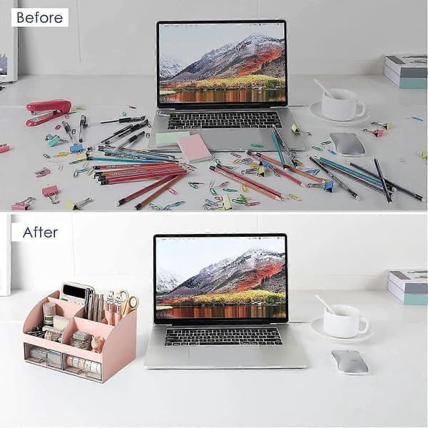 Desktop Organizer - Office Organizer with 6 Compartments and 2 Small Drawers, Desktop Storage Box for Pen H