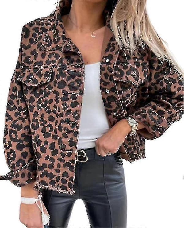 Dam Denimjacka Leopardmönstrad Knäppjacka