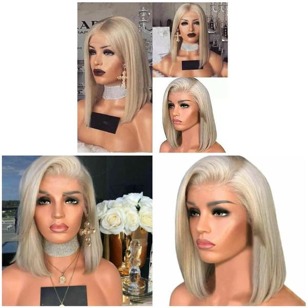 Kvinnor Kort Bob Peruk Front Spets Blond Rakt Syntethår Full Peruk Guld Glod