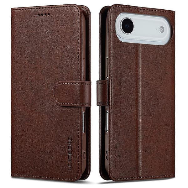 LC.IMEEKE Air Case för iPhone 17, Kalvtextur PU Läder Ställ Plånbok Mobilskal Brun