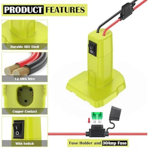 Power Wheels Adapter for Ryobi 18V Battery Wheel Battery Conversion Kit with Switch, Fuses & Cable End