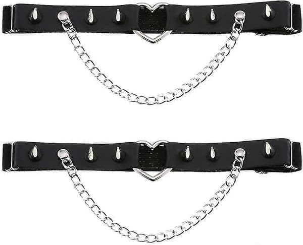 Kvinner Jenter Lær Hjerte Strømpebånd Benring Belte Punk Naglet Kjeder Elastisk Lårring Strømpebånd Justerbar