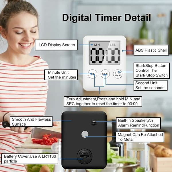Kökstimer Set om 4 - Digital Timer med Magnet - Nedräkning för Matlagning, Fitness, Studier (Vit)