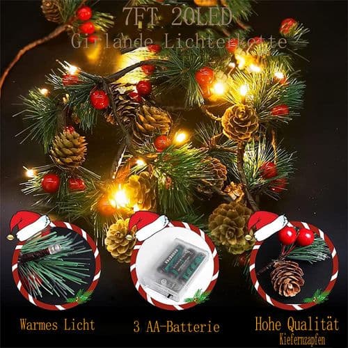 LED Christmas Garland: Festive String Lights with Pine Cones and Berries