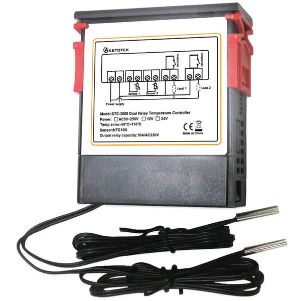 Dual Digital Display Thermostat Temperature Controller with Dual NTC Probe Relay Output, DC 24V - DC 24V