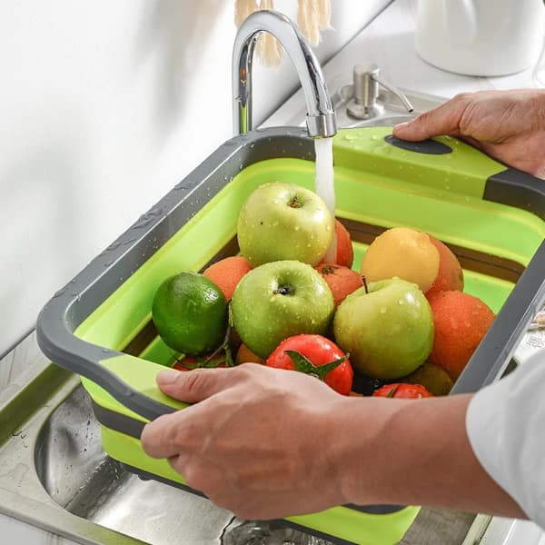 Green Collapsible Cutting Board with Colander, Foldable Silicone Sink, Strainer for Storage, Draining & Washing Vegetables Fruit Pasta