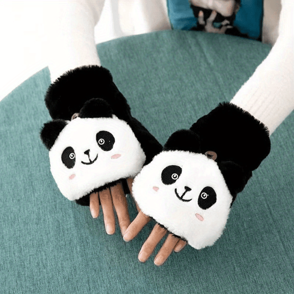 Panda-tema Plysj Flip Top Vanter - Stoff, Spandex & Polyester, Konvertible Vanter til Kvinder, Håndvaskbare Sort 2 Black 2