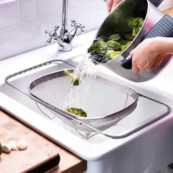 Dish Drainer Colander, Stainless Steel Fine Mesh Extendable Oval Strainer Basket with Rubber Handles for Kitchen Sink