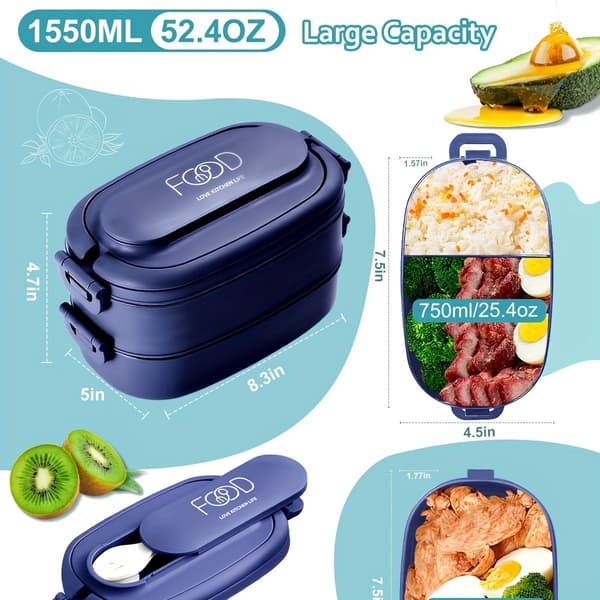 Bento Lunch Box 1550ml Stackable 3 Compartments BPA-Free PP With Cutlery Set Leakproof Microwave Safe For Work School Meal Prep Navy Blue
