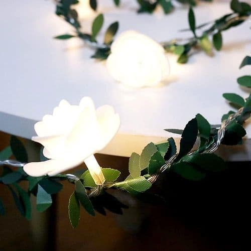 Rose Garland String Lights (3m, 20 LED) - Flower String Lights with Green Leaves
